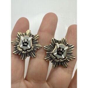 Vintage Heraldic Shield Screw Back Earrings Gold Tone
